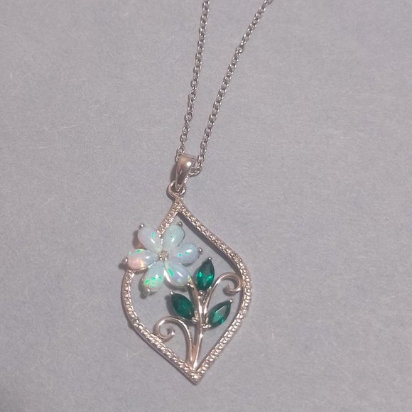 Sterling Silver Gemstone & Diamond Accent Flower Marquise Pendant - Picture 4 of 7